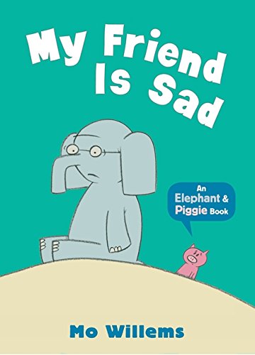 "Children's book cover featuring a sad elephant and a small pig on a teal background."