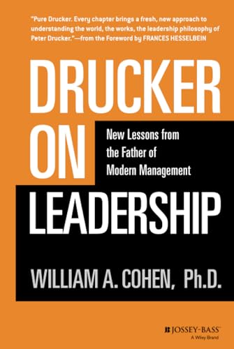 Book cover with bold orange and black text: "Drucker on Leadership" by William A. Cohen.