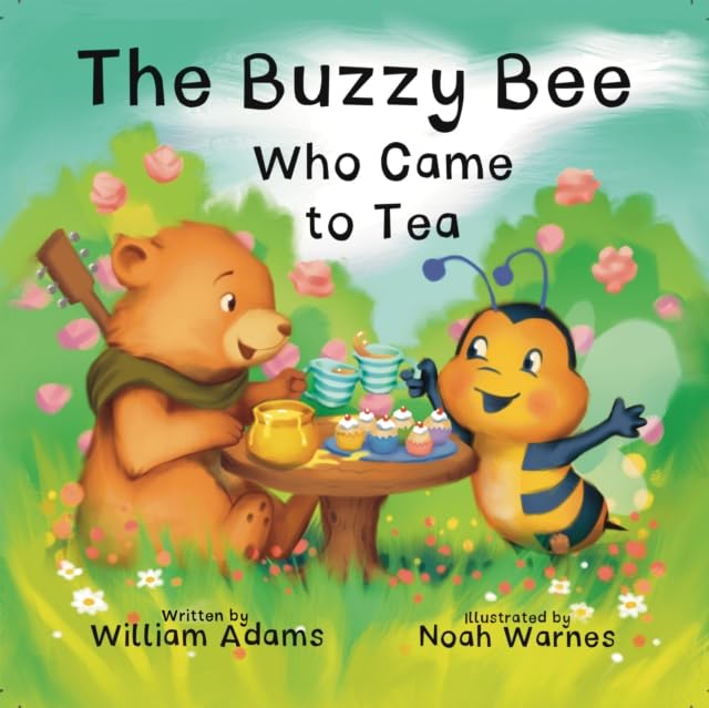 Book cover: bear and bee at a tea party in a garden.