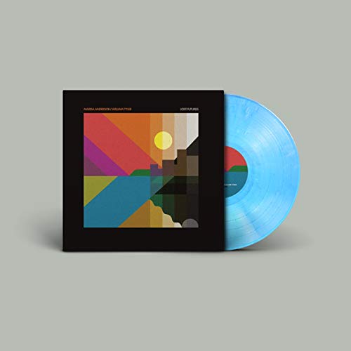 Vinyl record with geometric album art and a light blue disc.
