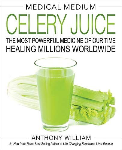 Book cover with green celery juice in a glass and celery stalks.