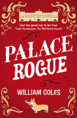 Red book cover, “Palace Rogue” title, palace illustration, and corgi image.