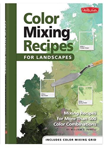 Book cover: "Color Mixing Recipes for Landscapes" with paint and color swatches.