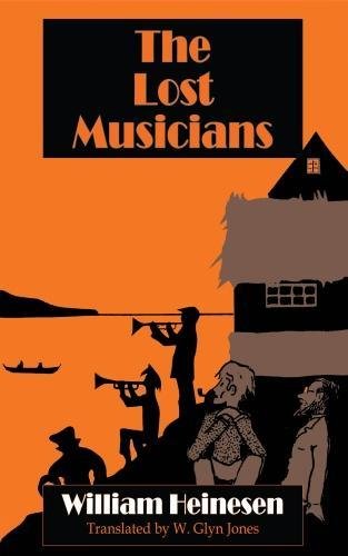 Book cover with orange background, black silhouettes of musicians, and a house by water.