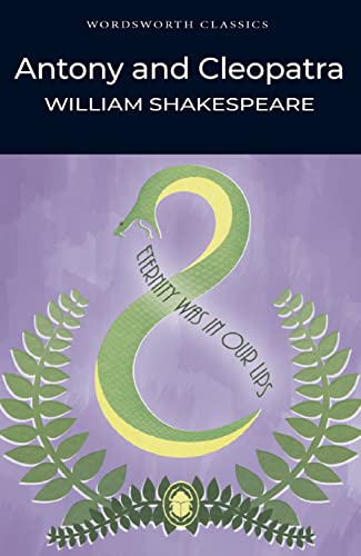 Book cover for Antony and Cleopatra featuring a green snake and laurel wreath illustration.