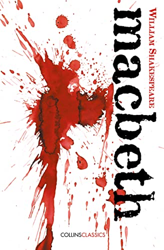 Book cover for "Macbeth" by Shakespeare with red splatter design.