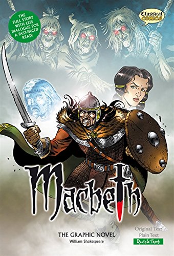 Cover of "Macbeth" graphic novel featuring warriors, witches, and a ghost.