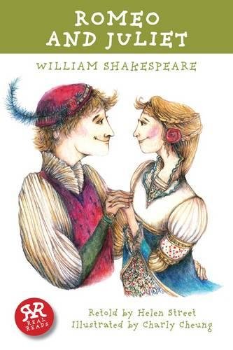 Book cover illustration of Romeo and Juliet in Renaissance clothing holding hands.