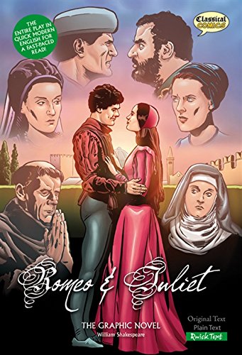 Graphic novel cover showing Romeo and Juliet embracing surrounded by various supporting characters.