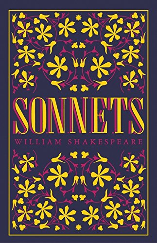 Book cover for Sonnets by William Shakespeare with yellow floral patterns on dark blue.
