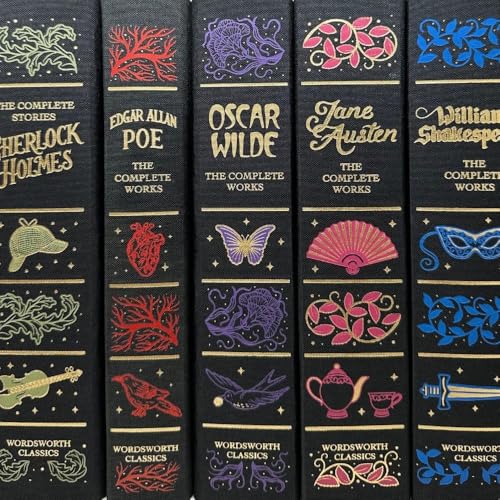 Five black book spines with gold text and colorful decorative icons from Wordsworth Classics.