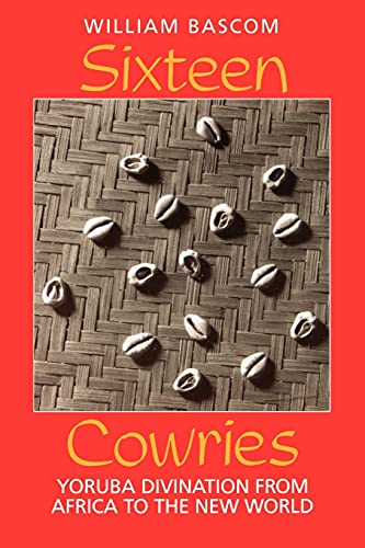 Book cover with sixteen cowrie shells arranged on a woven mat.
