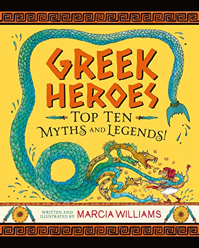 Book cover: "Greek Heroes" with a blue serpent and dragon illustration.