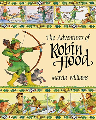 Book cover illustration of Robin Hood aiming a bow, surrounded by comic-style story panels.
