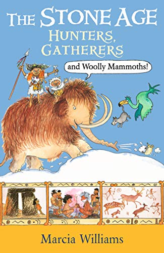 Cartoon illustration of people riding a woolly mammoth with panels of prehistoric scenes below.