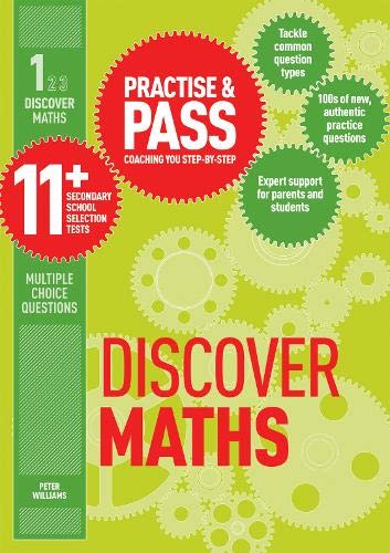Book cover: "Practise & Pass 11+ Level One: Discover Maths" with gears.