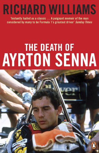 Book cover showing Ayrton Senna sitting in a race car cockpit with crew members.