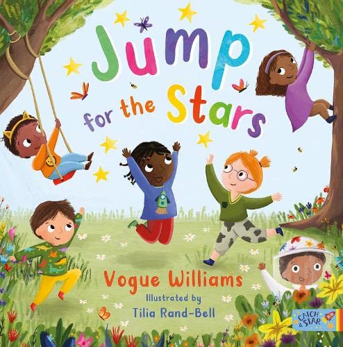 Children playing outdoors under trees with falling stars, book cover.