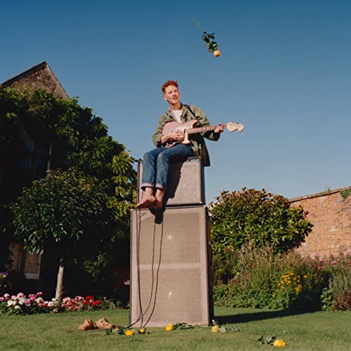 Man with guitar sits atop speakers in a garden setting.