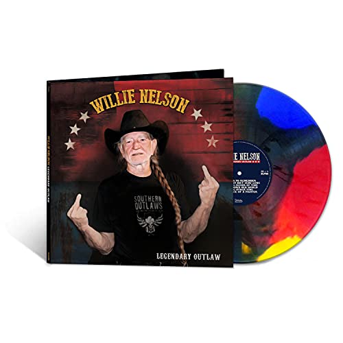 Willie Nelson album cover and colorful vinyl record displayed together.