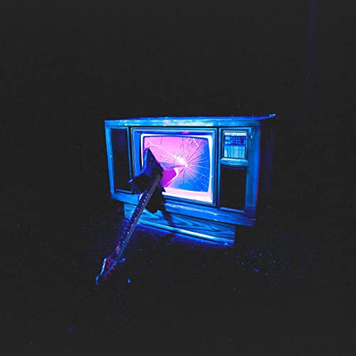 Broken television with a guitar in front, illuminated in blue and pink.