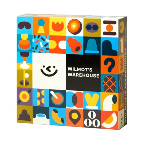 Box for "Wilmot's Warehouse" game, colorful abstract shapes and a smiling face.