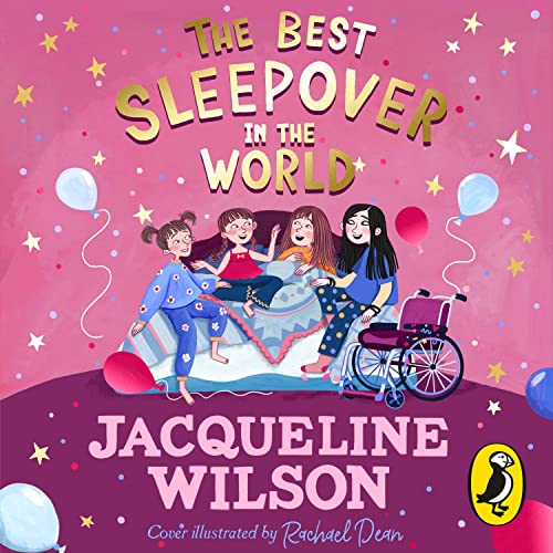 Book cover showing four girls, one in a wheelchair, having a sleepover.