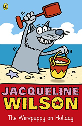 Cartoon werepuppy with beach toys on a sandy shore, book cover.