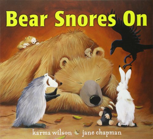 A large bear sleeps in a cave surrounded by a badger, rabbit, and other animals.