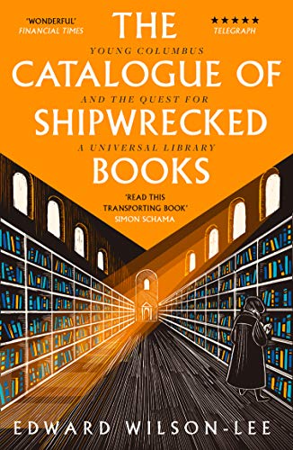 Book cover: library interior with a figure, titled "The Catalogue of Shipwrecked Books".