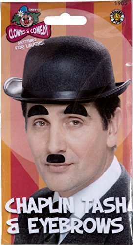 "Man wearing black hat, mustache, and eyebrows in packaging with red and orange background."