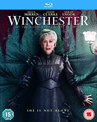 Blu-ray cover for Winchester featuring Helen Mirren surrounded by ghostly hands on green wallpaper.