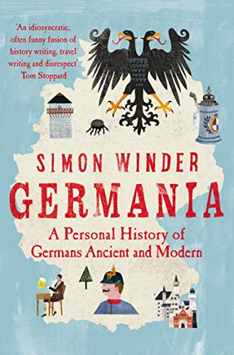 Book cover for Germania featuring a map of Germany with illustrations of German historical icons.