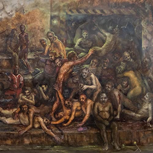Painted album cover depicting a crowded, surreal scene of nude figures.