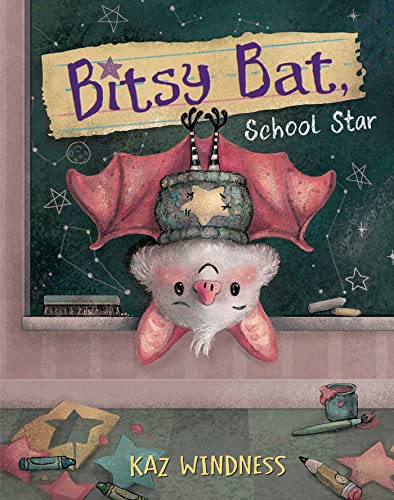 Book cover: cartoon bat hanging upside down with school supplies.