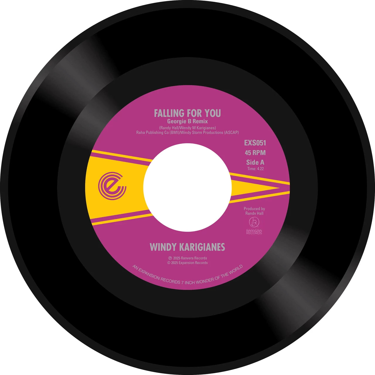 Black vinyl record label with pink center, text details, and logo.