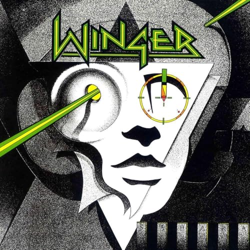 Winger album cover: stylized face with geometric shapes and green accents.