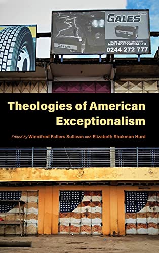 Book cover, "Theologies of American Exceptionalism," with a street scene backdrop.