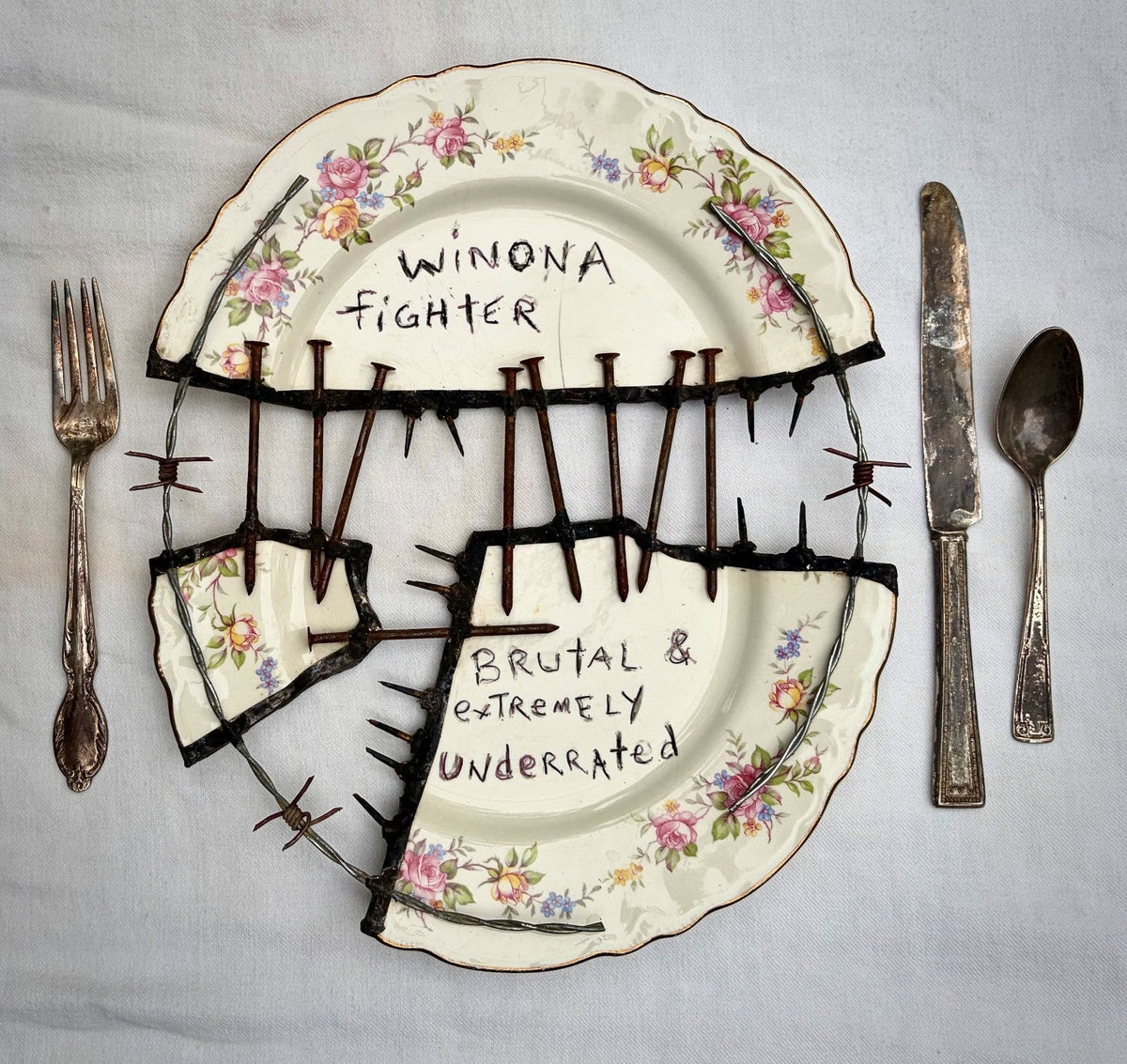 Broken floral plate with handwritten text and barbed wire imagery.