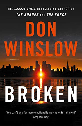 Book cover titled Broken by Don Winslow featuring a city skyline at sunset.