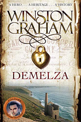 Book cover for Demelza by Winston Graham featuring a heart-shaped padlock and coastal ruins.