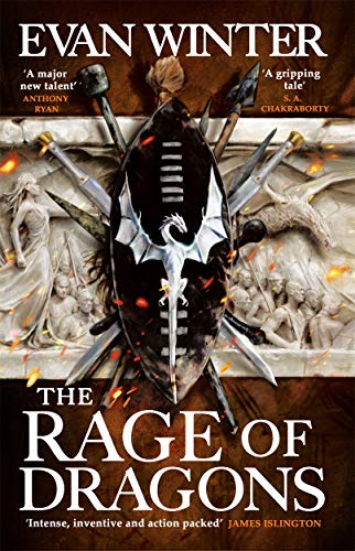 Book cover: dark fantasy art with a shield, weapons, and dragons.
