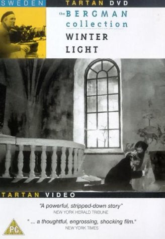DVD cover for Ingmar Bergman’s “Winter Light” featuring a man and church.