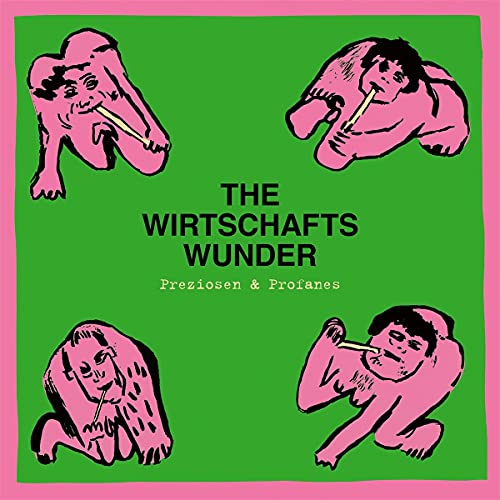 Album cover with four pink cartoon figures on a green background and black text.