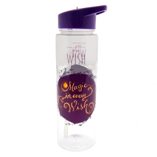 Clear plastic drinks bottle with purple lid and "Wish" design.