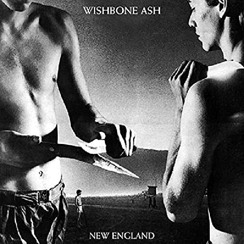 "Black and white album cover with two shirtless men and a knife."