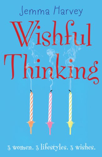 Book cover: "Wishful Thinking" with three lit birthday candles on blue.