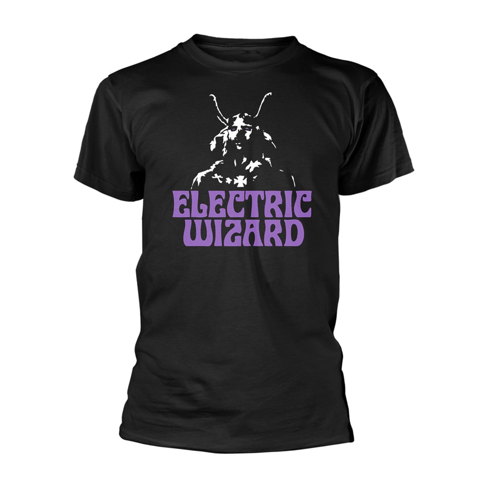 Black t-shirt with white horned figure and purple "Electric Wizard" text.