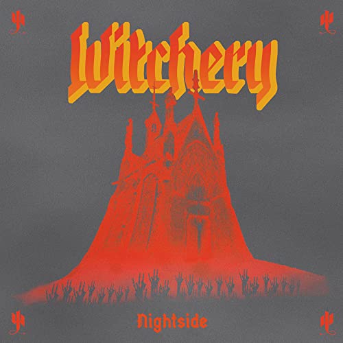 Witchery album cover: gothic castle silhouette with reaching hands, orange text.