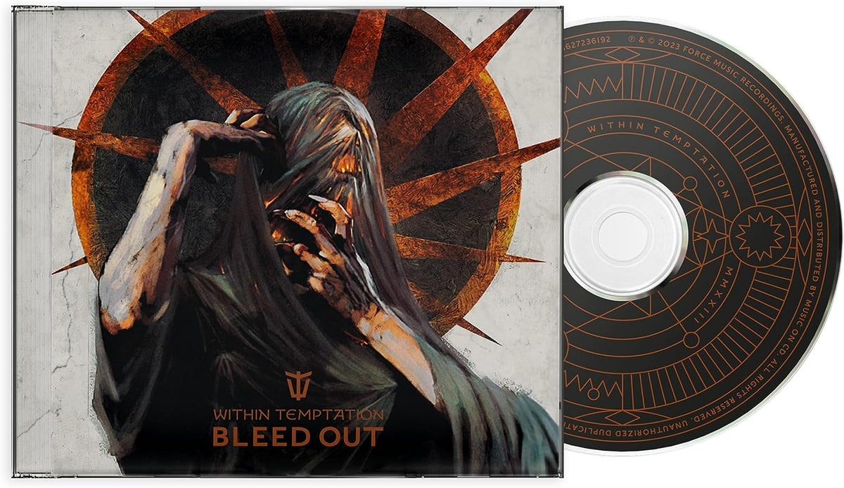 Within Temptation "Bleed Out" CD case and disc with abstract artwork.